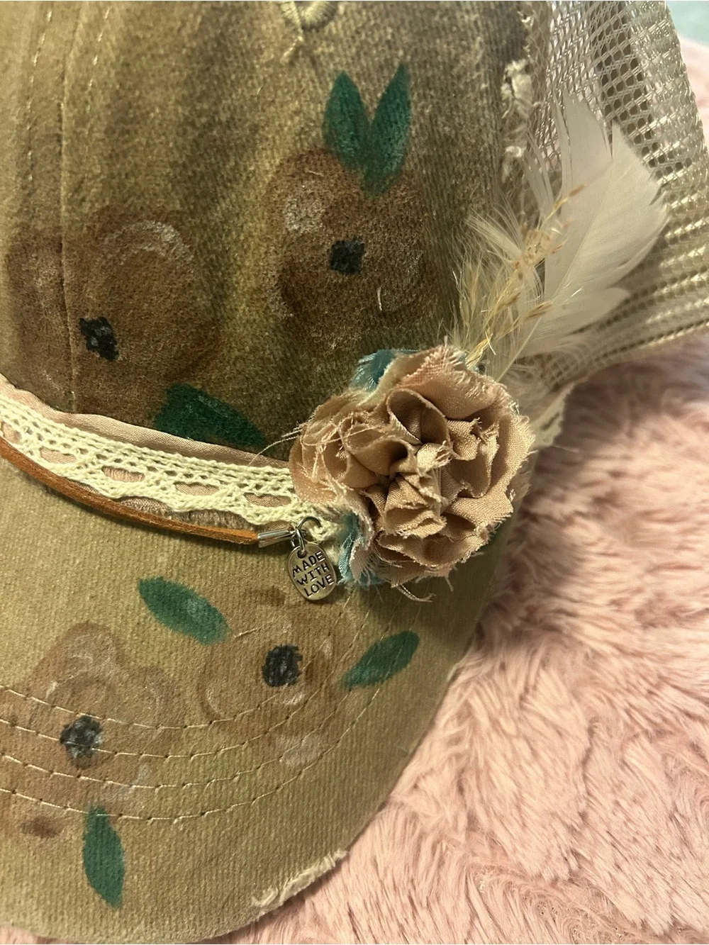 Custom Designed Tan Trucker Hat with Lace Trim